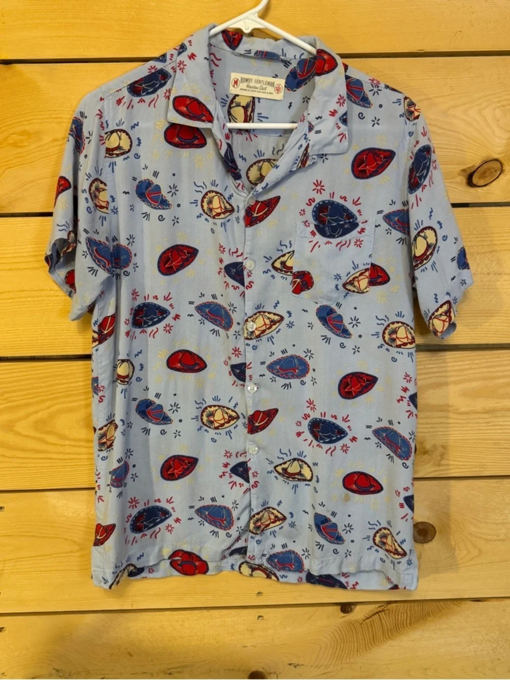 Rowdy Gentleman Men Blue Western Hat Print Short Sleeve Button Shirt Medium